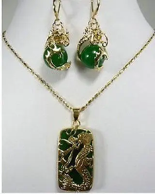 DYY FREE SHIPPING&gt&gt@&gt Fashion New Green jade Dragon Pendant necklace earring set For Women&gt&gt18K GP Plated gold Bridal wide watch |