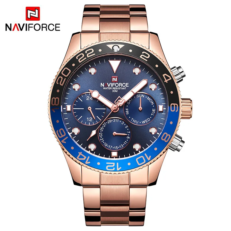Бренд NAVIFORCE, спортивные модные мужские часы из нержавеющей стали, водонепроницаемые кварцевые часы, мужские часы с датой 24 часа, мужские часы, мужские часы - Цвет: RoseGold Blue