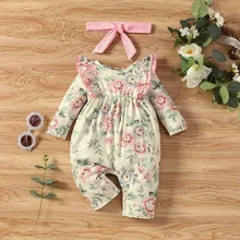 Vêtements de printemps et d'automne pour bébé fille, barboteuse en coton, 2 pièces, imprimé floral, à volants, manches longues, + bandeau 0 18M
