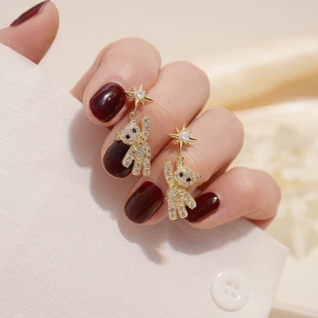 New Arrive Full Diamond Shining Cute Bear Earring for Women Charm Bling Zircon CZ Drop Earring Jewelry Pendant Accessories