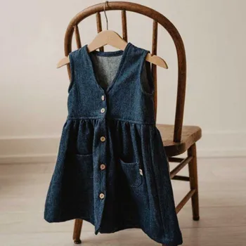 

MILANCEL2020 spring new denim dress sleeveless girls clothes single breast girls princess dress