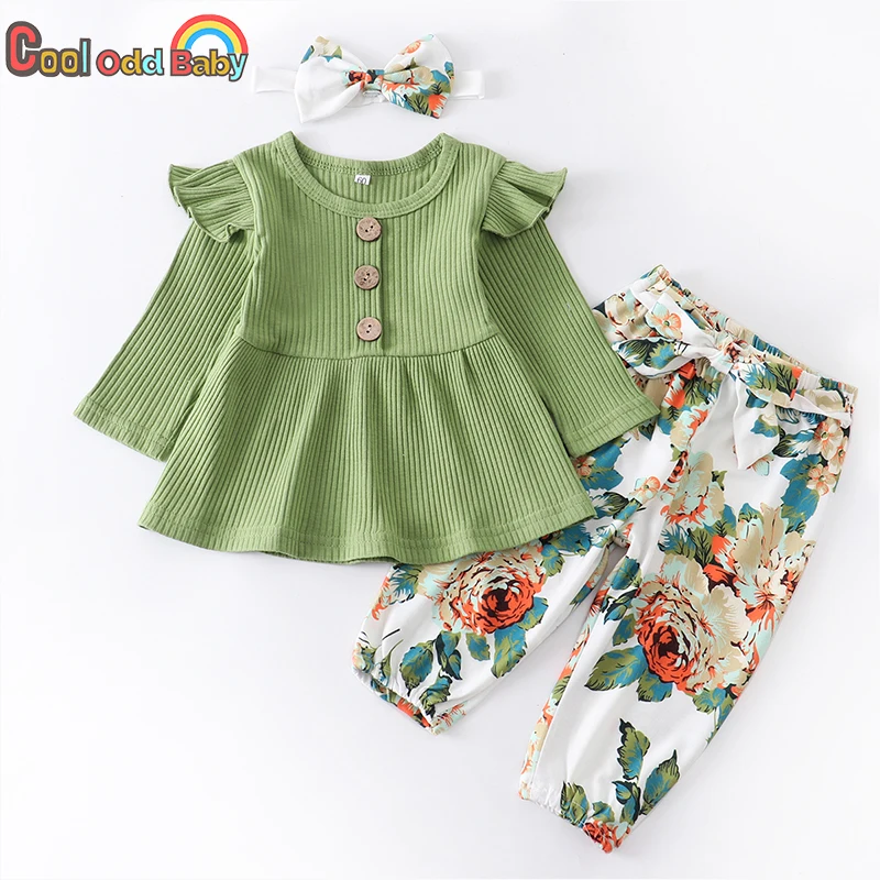 

3Pcs Newborn Baby Girl Clothes Set Fall Toddler Outfit Cotton Long Sleeve Green Tops Flowers Pants Headband Infant Clothing Suit