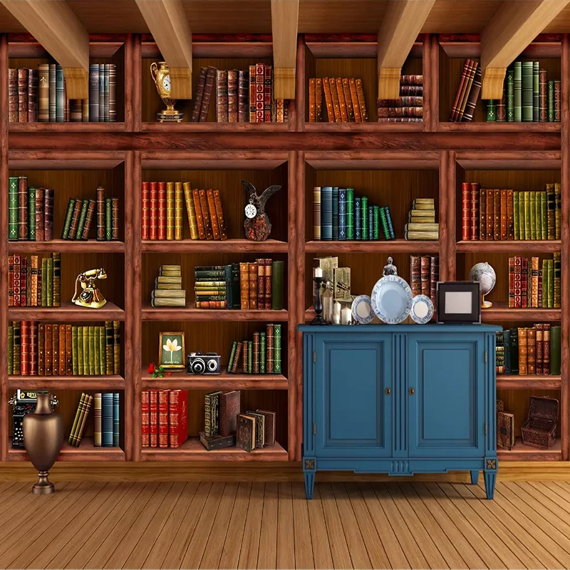 

Drop Shipping Custom 3D Photo Wallpaper Papel De Parede Mural Retro Bookcase Bookshelf 3D Wall Painting Home Decoration