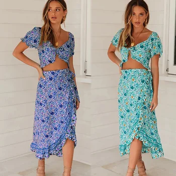 

Two Piece Set Sexy Crop Top 2020 Spring Summer V-Neck Short Petal Sleeve Sashes Boho Beach Vacation Sweet Casual Feminino Skirts