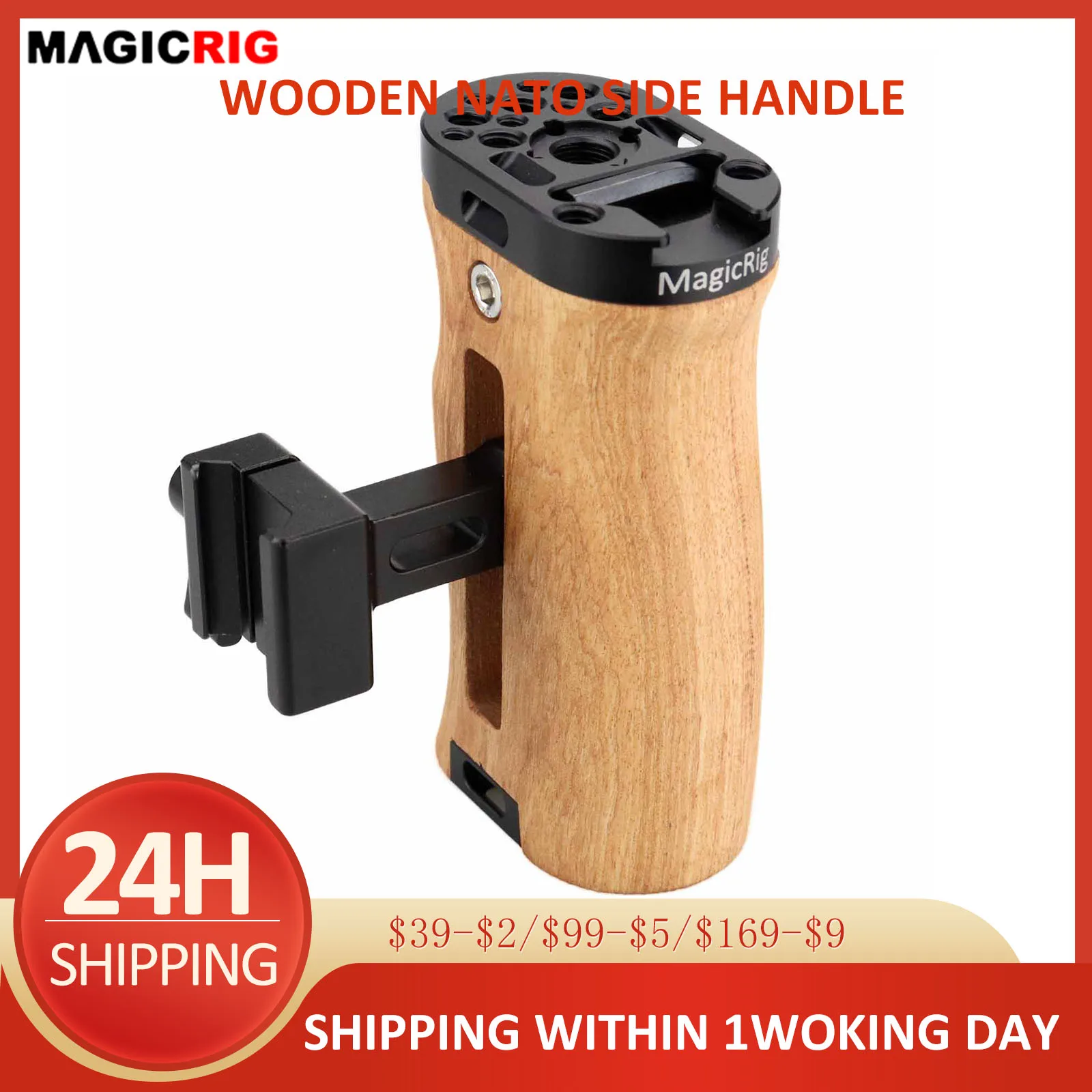 

MAGICRIG Adjustable Wooden Handle Side Handgrip with NATO Clamp with Cold Shoe for BMPCC 4K / 6K Cage , for BMPCC 6K Pro Cage