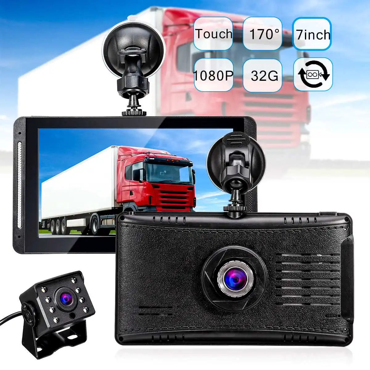 

12/24V HD 1080P 7" Dual lens Car DVR Dash Cam Video Camera Recorder GPS Navigation