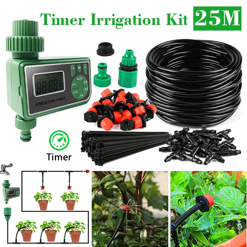 

25m Automatic Timer Watering Irrigation System Kit DIY Micro Drip Irrigation System Plant Self Watering Timer Garden Hose Kits