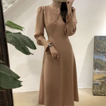 

New 2020 Spring Elegant Office Lady Dress V-neck Single-breasted Slim Waist Women Solid Dress A-line Long Simple Vestidos Femme