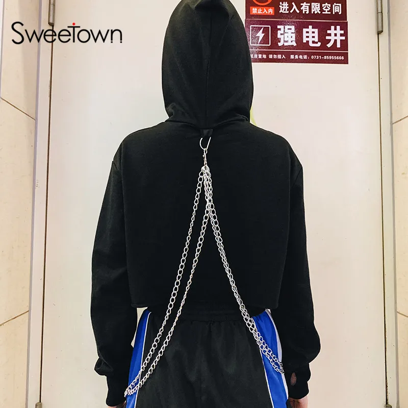

Sweetown Punk Gothic Black Crop Hoodies Women Print Chains Casual Pullover Sweatshirt Long Sleeve Hip Hop Autumn Winter Hoodie
