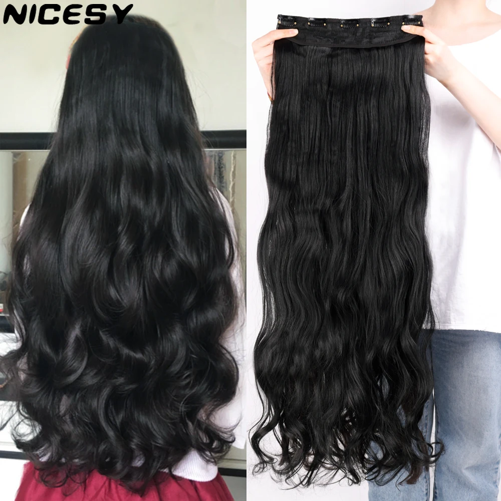 NICESY Long Wavy 5 Clips Hair Extensions 22Inch/32Inch Synthetic Clip On High Tempreture Fake For Women | Шиньоны и парики