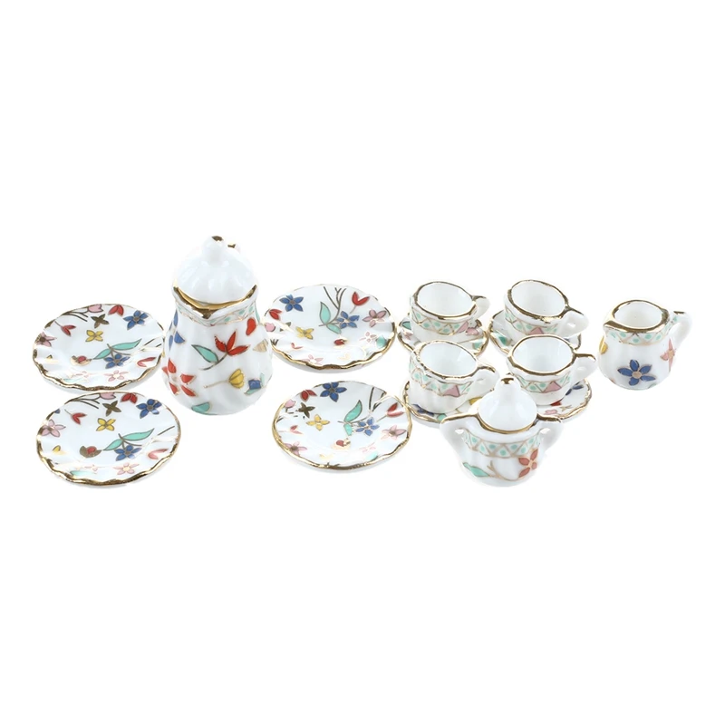 

15 Piece Miniature Dollhouse dinnerware porcelain tea set tableware Cup plate Colorful floral print