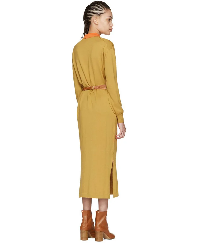 DEAT New Winter Fashion Women Clothes Turn-down Collar Full Sleeves Knits Yellow Shirt Dress With Belts WJ13807S