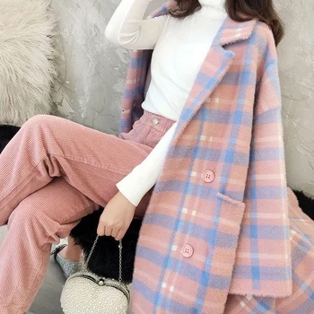 

Women 2019 Autumn Winter Faux Mink Cashmere Plaid Long Coat Female Thick Warm Knitted Sweaters New Loose Casual Cardigans T130