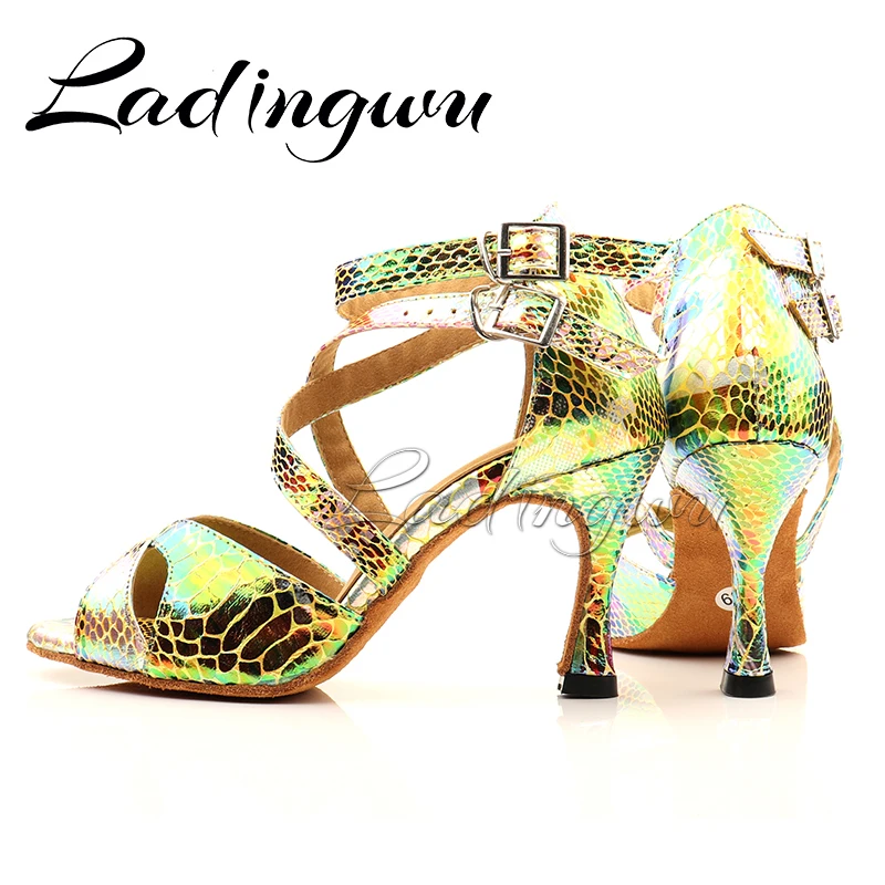 Ladingwu Dance Shoes Latin Women Salsa Shoes Dancing Party Wedding Ballroom Dance Shoes Laser PU  Blue Gold Purple