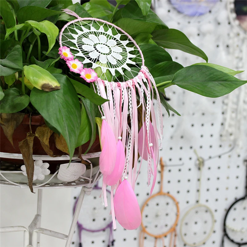 Lace Pink Feather Dream Catchers Round Metal Ring Circle Handmade Indian Style Bedroom Home Decorations Hanging Decors MS6996