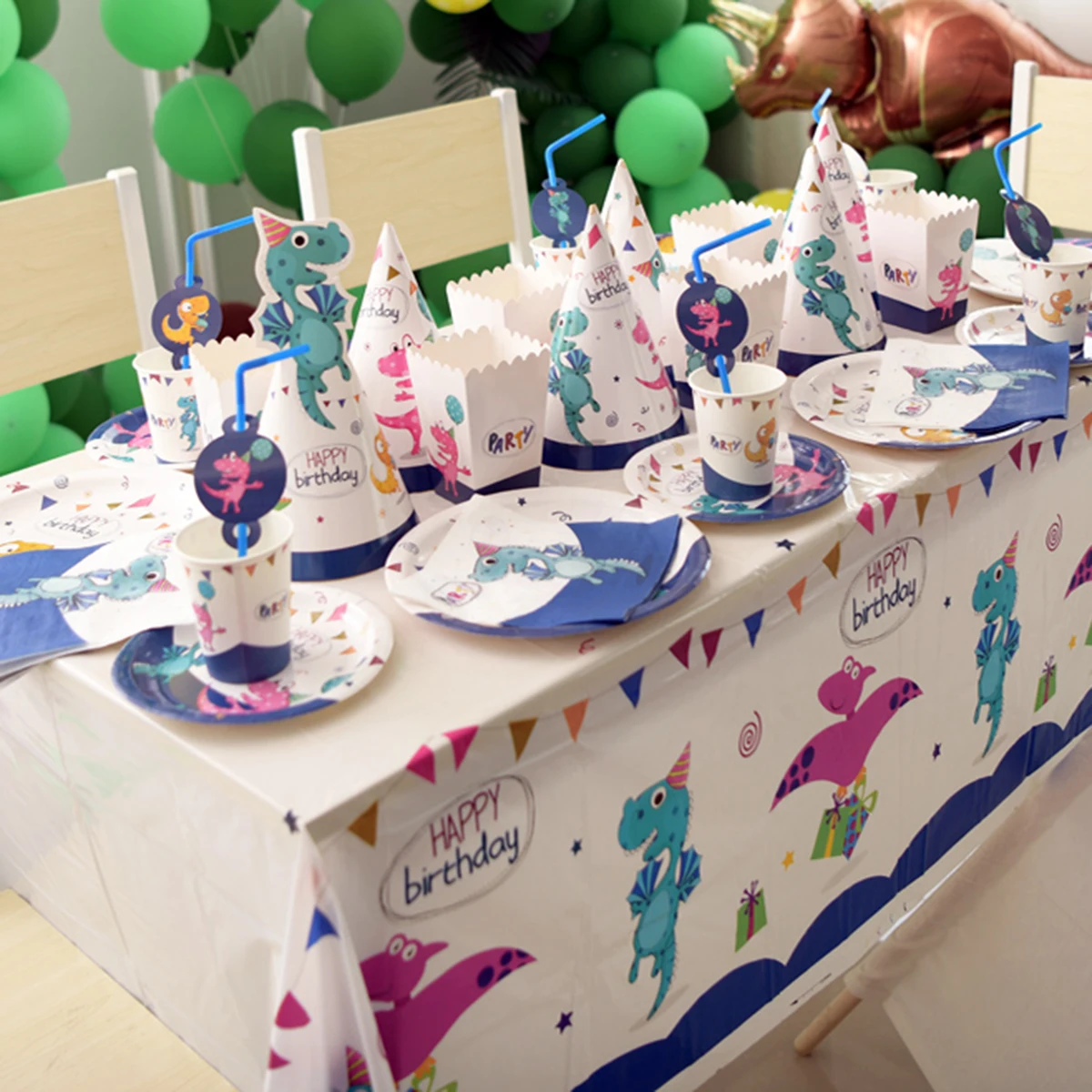 Динозавр тематический набор посуды дети день рождения поставки пластиковые Ножи Ложки Вилки бумажные тарелки и стаканы, для 16 гостей