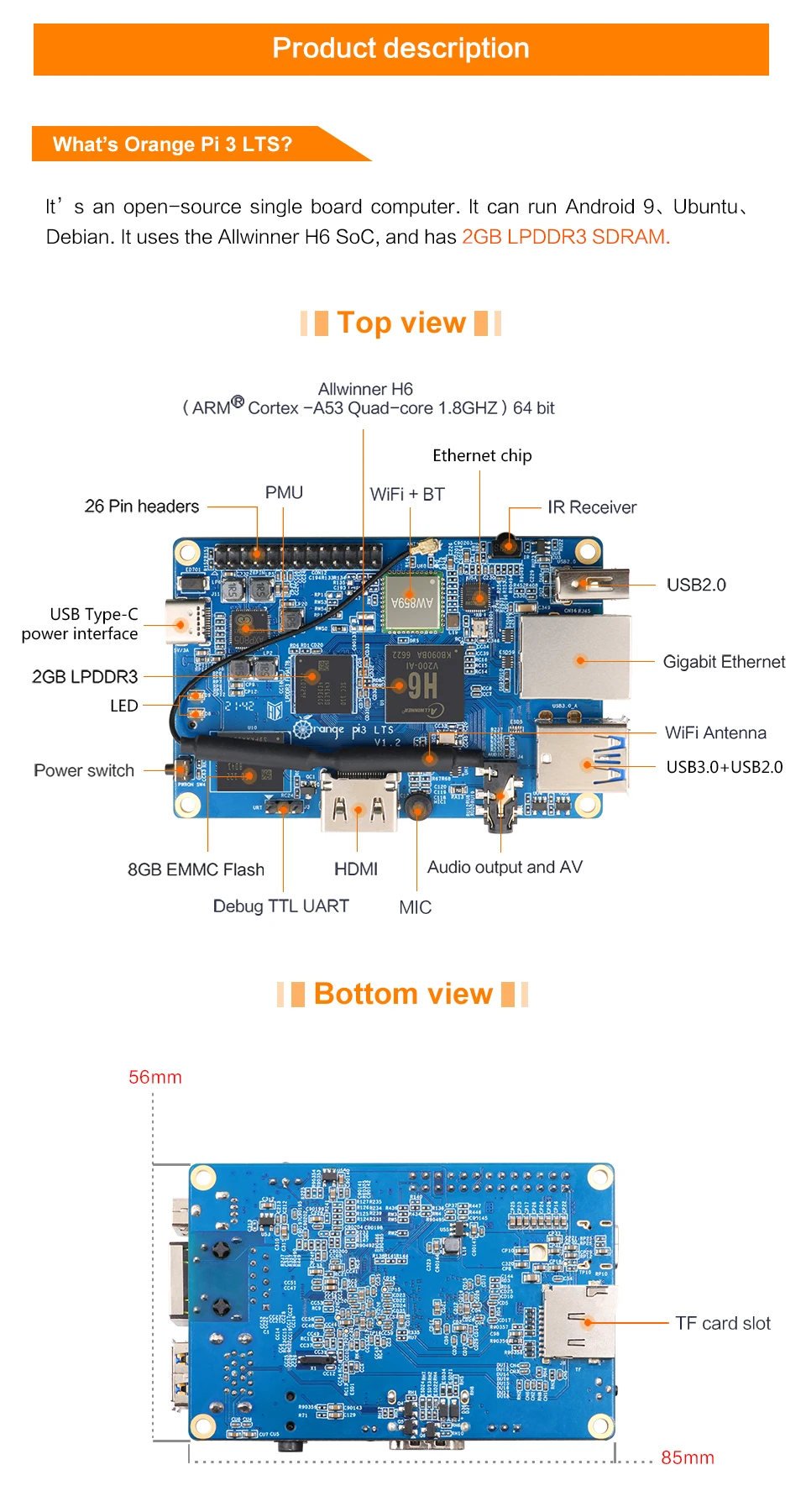 laranja pi lts allwinner ram emmc flash wifi bt opcional liga de alumínio caso executar android ubuntu debian os