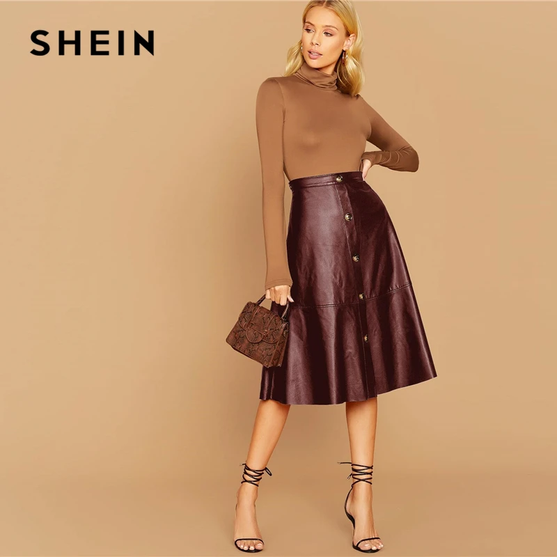 SHEIN черная однотонная однобортная кожаная элегантная юбка миди для женщин осень высокая талия офисные женские трапециевидные расклешенные юбки