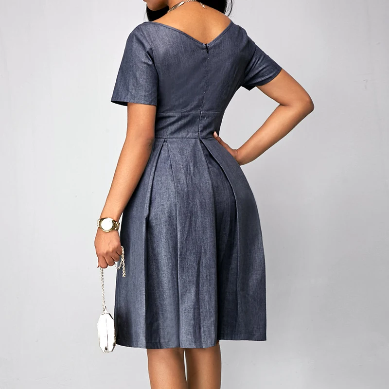 ТРАПЕЦИЕВИДНОЕ женское платье с v-образным вырезом, женское Повседневное платье с коротким рукавом по колено, элегантное однотонное платье с высокой талией, модное женское вечернее платье