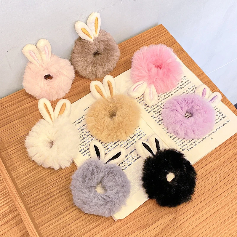 

Winter Candy color Plush Rabbit Ears Scrunchies Hair rope Mink Fur Ponytail Holder Elastic Hair Bands Furry Hair accessories