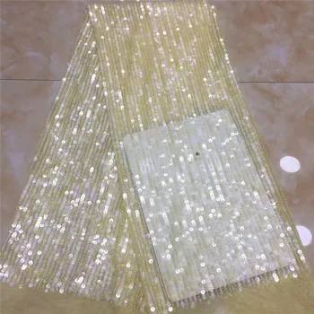 

New Design African Lace Fabric High Quality French Nigerian sequins green Embroidered Tulle Lace Fabric With Sequins yellow