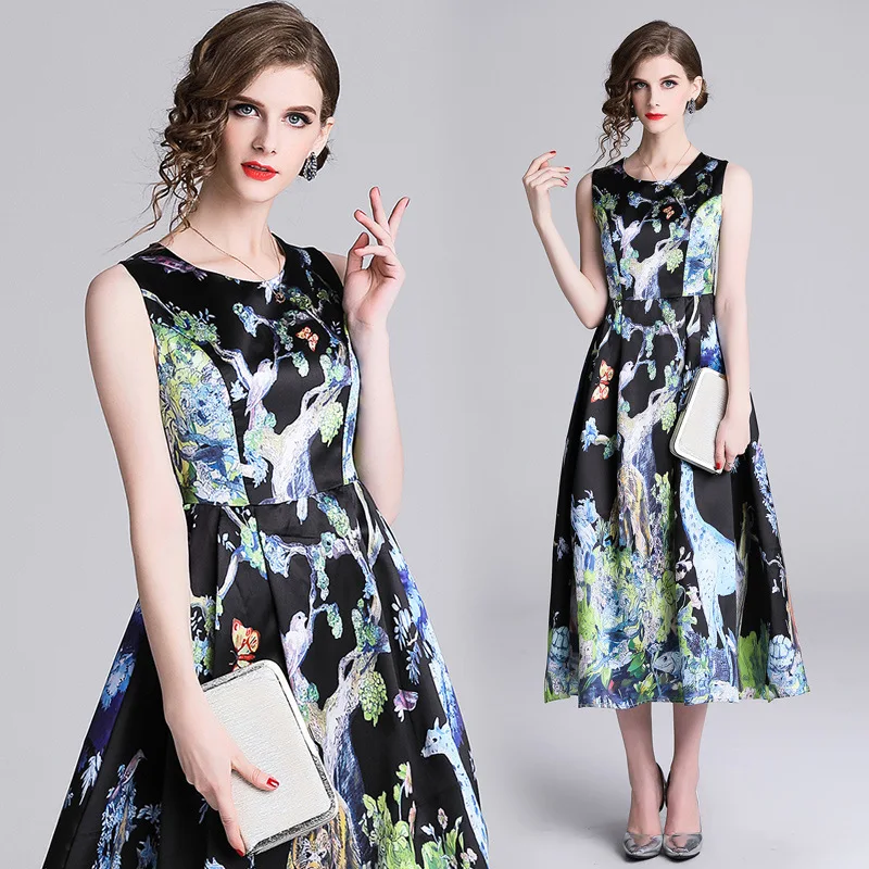 

Palace Big Hemline Dress 2019 Spring New Style Europe And America Women's Dress Crew Neck Printed Waist Hugging Dress