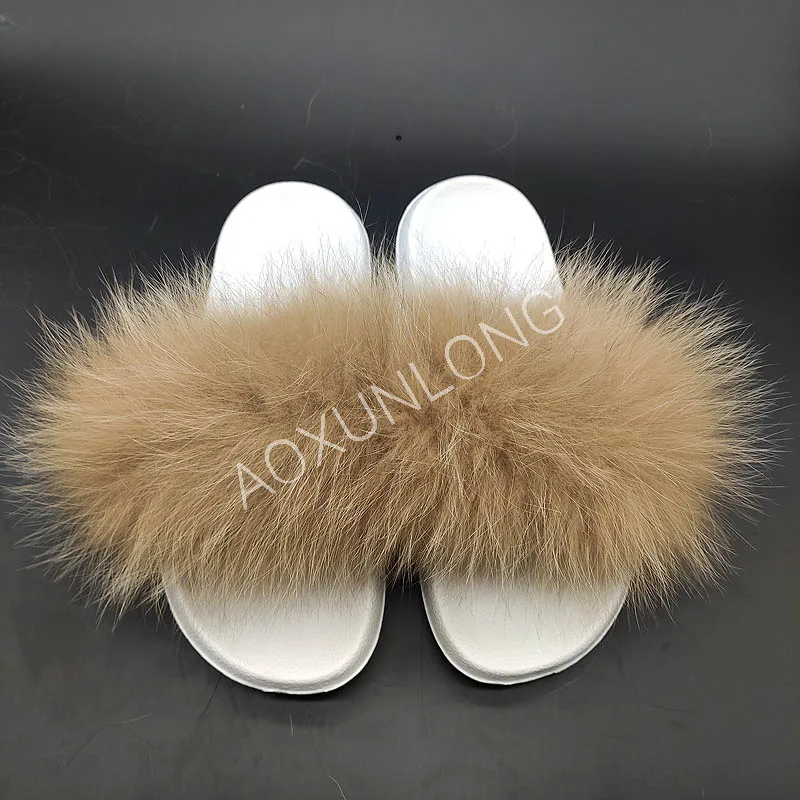 

Women Plush Furry Slippers with Fox Fur Winter Warm Home Indoor Flip Flops Striped Mixed Colors Sandals Sexy Slides for Female