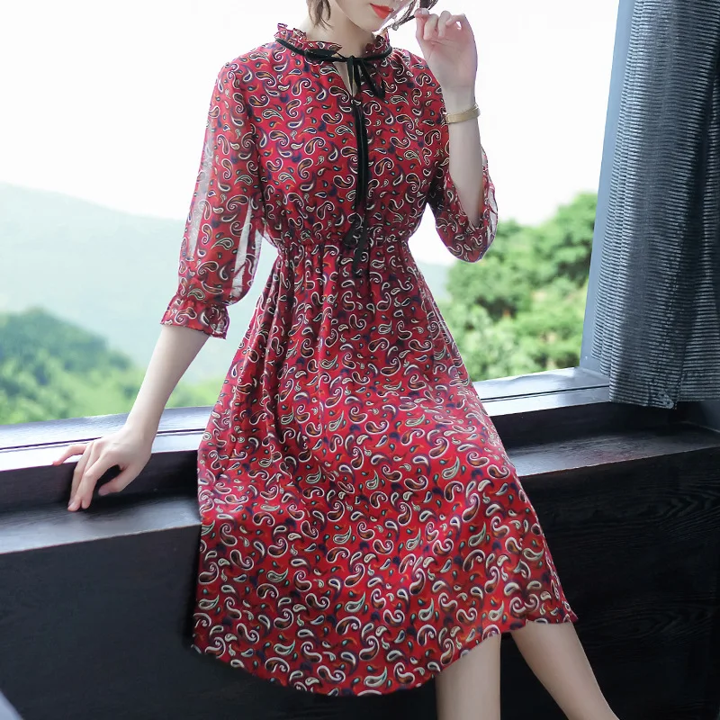 

Red Small Floral Chiffon Dress Women's New Style Elegant Lace-up Waist Hugging Mid-length A- line Skirt Sub-