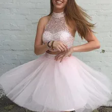 A-Line/принцесса тюль Высокая шея без рукавов Бисероплетение Короткие/Мини-платья из двух частей