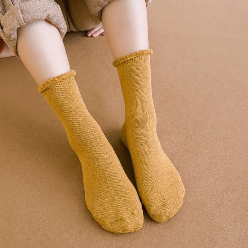 Зимние женские носки, толстые женские носки, одноцветные женские носки без пятки, простые подкручивающиеся махровые носки