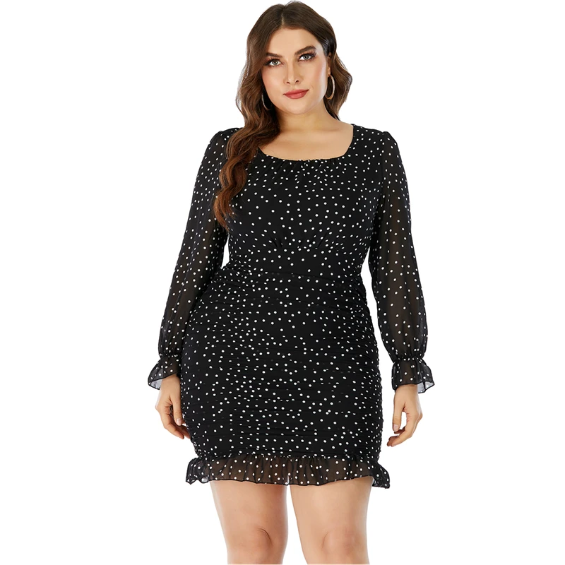2021 Spring New Sexy Long Sleeve Dress For Fat Female Plus Size Vintage Women Dot Lace Tight Slim Mini XL-5XL | Женская одежда