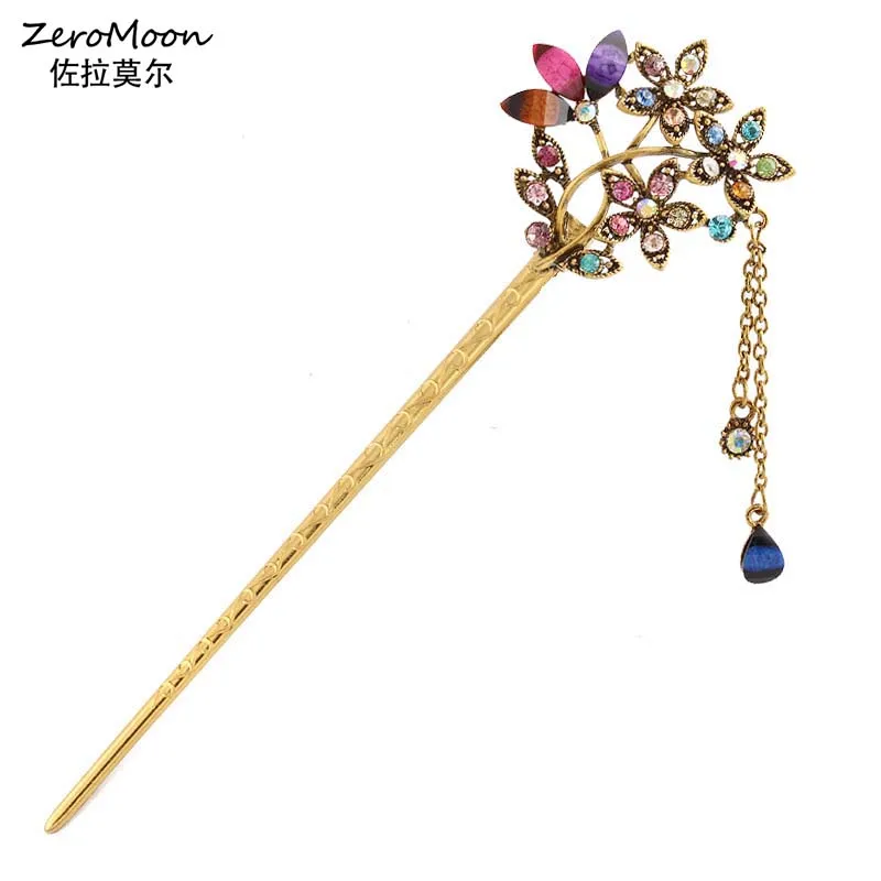 Романтический цветок с кристаллами стразами палочки для волос для женщин КАПЛЕВИДНАЯ металлическая кисточка прикрепление к волосам аксессуар Модные Винтажные Украшения