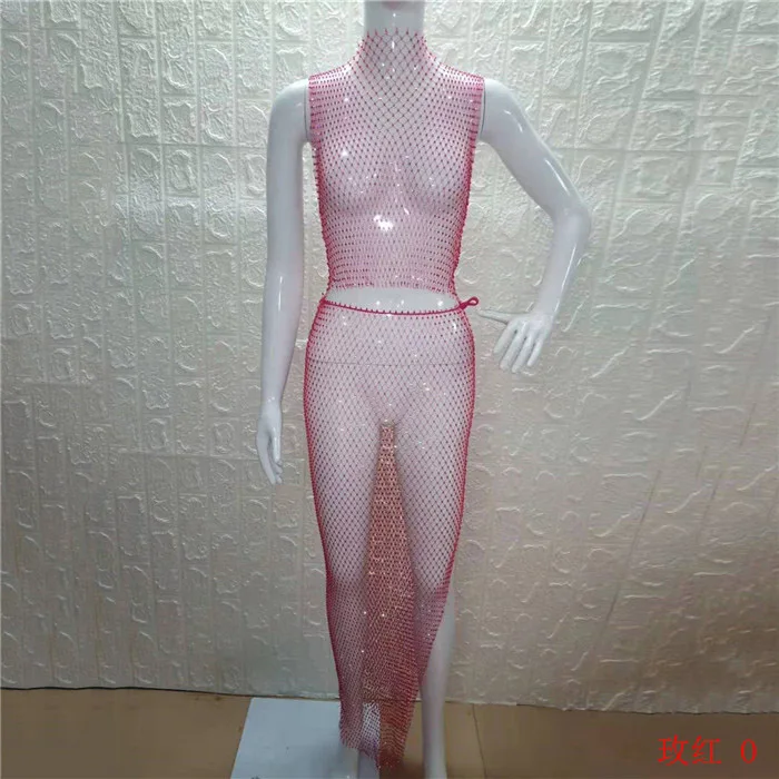 Rose Red O Neck Блестящая клетчатая одежда со стразами; комплект из 2 предметов; сетчатый топ; пикантная трикотажная юбка-карандаш; женские комплекты одежды; пляжная одежда - Цвет: Rose Red O Neck
