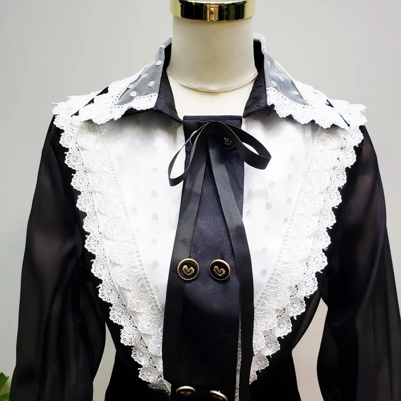 Японский матросский воротник черная белая подходящая кружевная двубортная черная рубашка женские блузки женская одежда черная с длинным рукавом