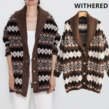 

Withered winter cardigans women indie folk vintage Jacquard single breasted oversize knitting cardigans jacket sweater women top