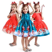 Рождественская детская Рождественская одежда со скидкой Новогоднее платье для девочек с принтом От 4 до 8 лет+ повязка на голову, вечерние платья для девочек
