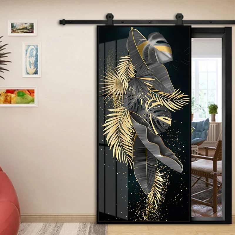 SelfAdhesive Door Sticker Modern Luxury 3D Golden Banana Leaf