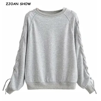 

2020 Harajuku O neck Long Sleeve Cross Lacing up Sweatshirt Boyfriend style Women BF Loose Pullover Hoodies Casual Jumper Sweats