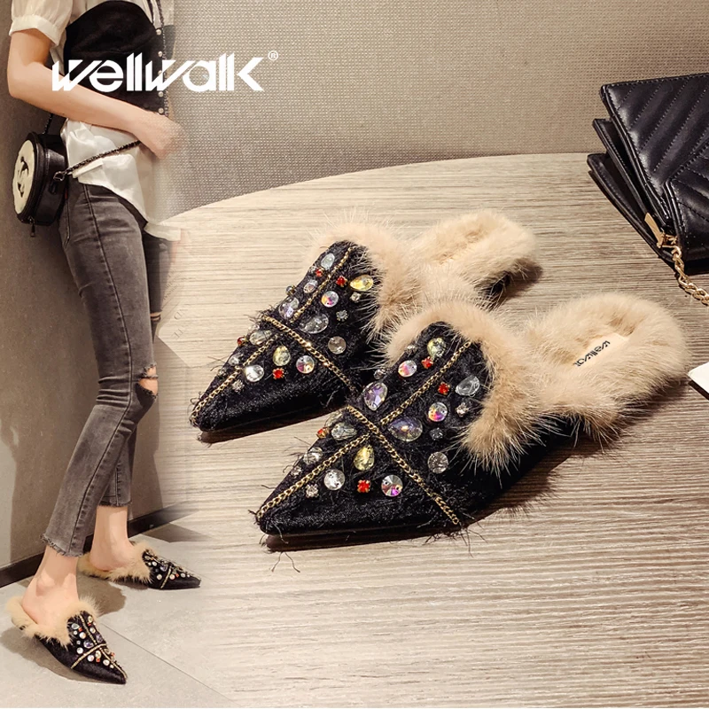 

Rhinestone Fur Slippers Unicorn Women Flat Mules Shoes Multi Color Crystal Decoration Ladies Winter Fashion Dress Furry Slides