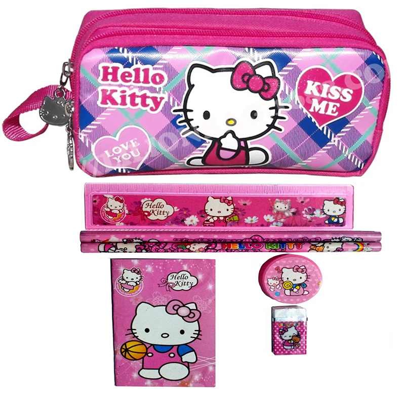 

1 set red hello girl pencil case set boys girls cartoon children school supplies stationery set kids pencil bag