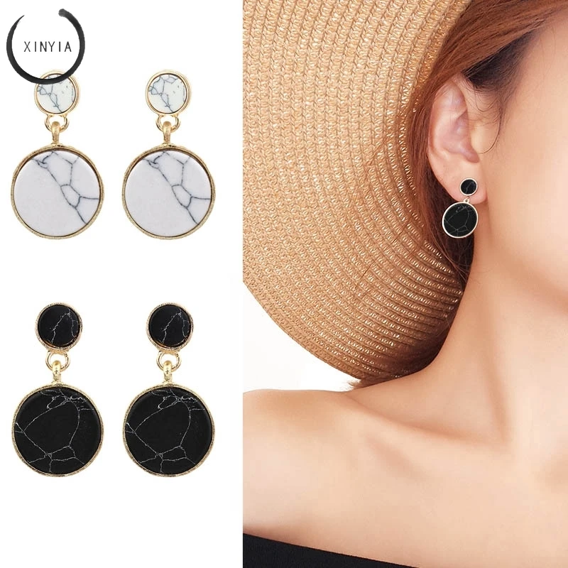 

Round Drop Earrings Hanging Skewers Earrings Round Motifs Marble for Women Statement Earring