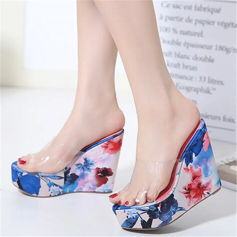 

Женские сандалии с открытым носком, босоножки на толстой подошве, прозрачные туфли из искусственной кожи, с разбитым цветочным принтом, для ночного клуба, лето