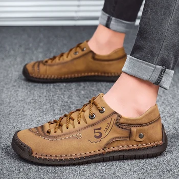 

Handmade Leather Men Shoes Casual Outdoor Fashion Breathable Flats Lace Up Moccasins Male Footwear Plus Size 38-48 Men Shoes
