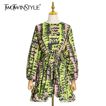 

TWOTWINSTYLE Casual Print Dresses Female O Neck Lantern Sleeve High Wiast Lace Up Pleated Hem Mini Hit Color Dress Women Fashion