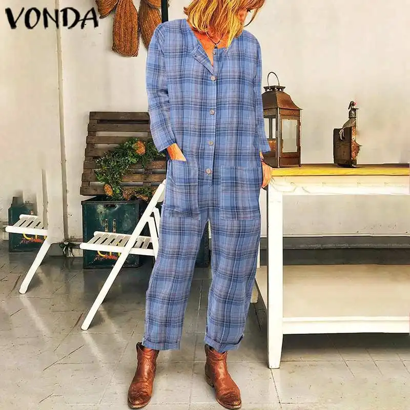 Overalls For Women Long Rompers VONDA 2019 Autumn Vintage Cotton Long Sleeve Plaid Jumpsuit One Piece Pants Femme Pantalon S-5XL