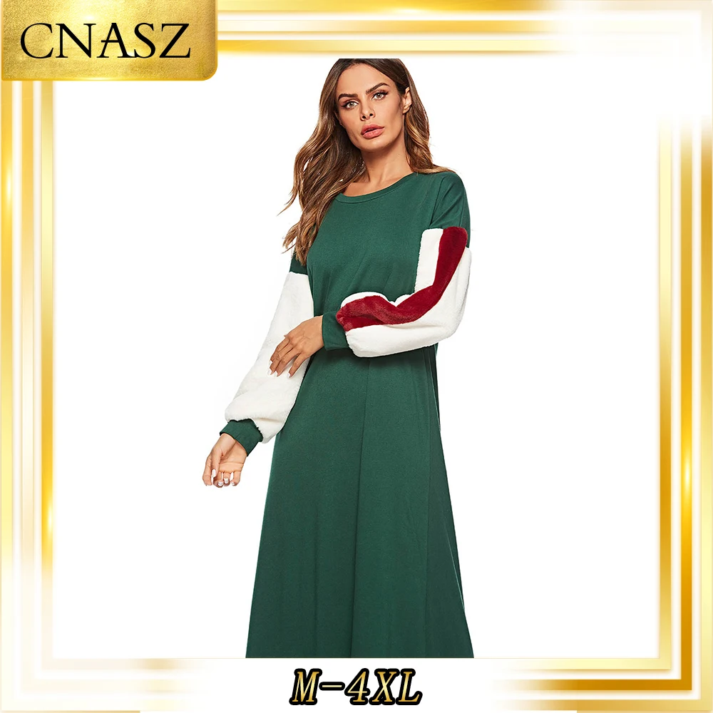 

Muslim Islamic Clothing Long Skirt Dark Green Fur Sleees Knit Contrast Color Long Sleeve Caftan Marocain Abaya Femme Dress