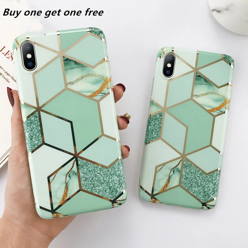 

Geometric Marble Texture Phone Cases For iPhone X XS XR Xs Max 6 6s 7 8 Plus Soft IMD Electroplated Back Cover Coque