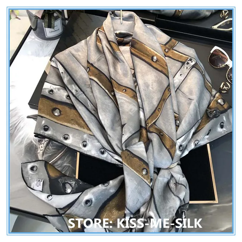 KMS Silk Vintage belt smudge craftsmanship advanced gray satin silk scarf shawl large square 140*140cm/100g |