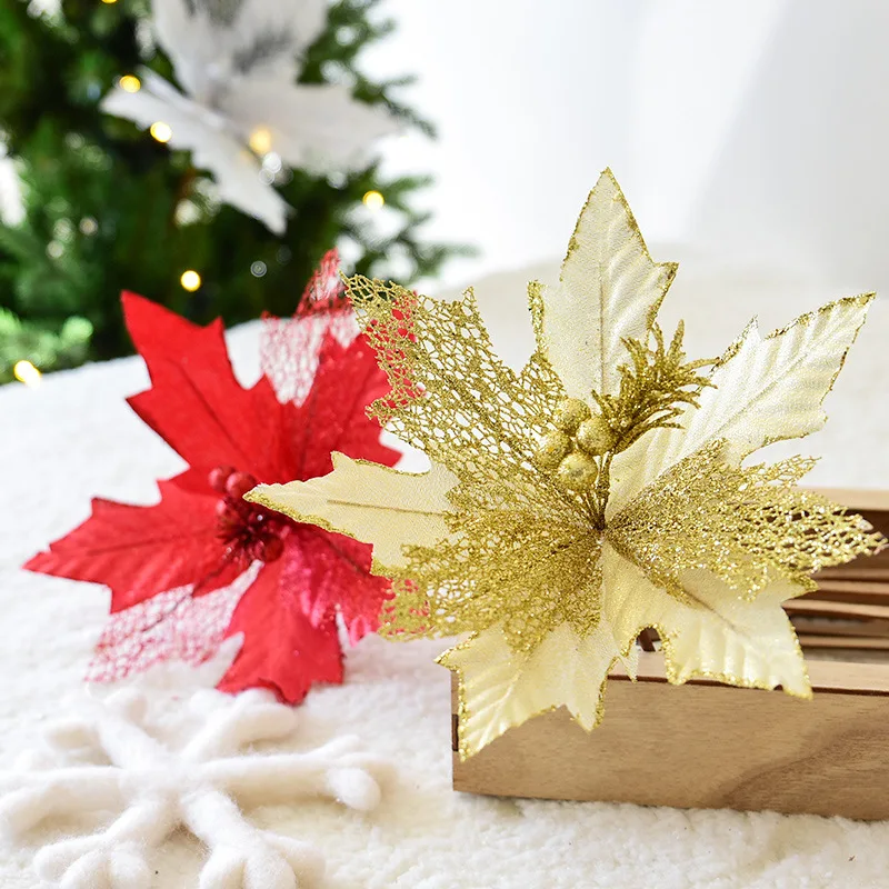 1 шт. 25 см блестящие искусственные Chritsmas цветы Poinsettia поддельные цветы для Рождества DIY домашнее свадебное украшение Рождественская Цветочная головка