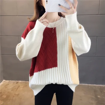 

Lucyever High Quality Women Pullover Sweater Autumn Fashion Patchwork Long Sleeve Loose Ladies Knitted Coat Casual Jumper Top